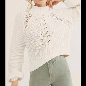 Free People Chunky Knit‎ Sweetheart Mock Neck Ivory Sweater Size XLARGE
